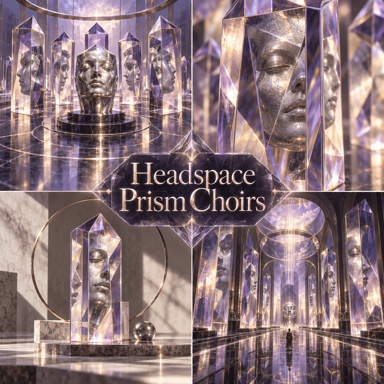 Four interpretations of Headspace Prism Choirs, with the complete style name prominently in the center.