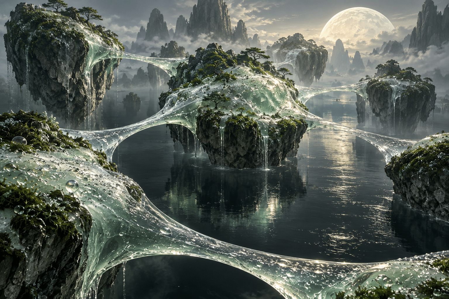 Topology Dew Bridges: a cluster of luminous stone islands over a dark pool.