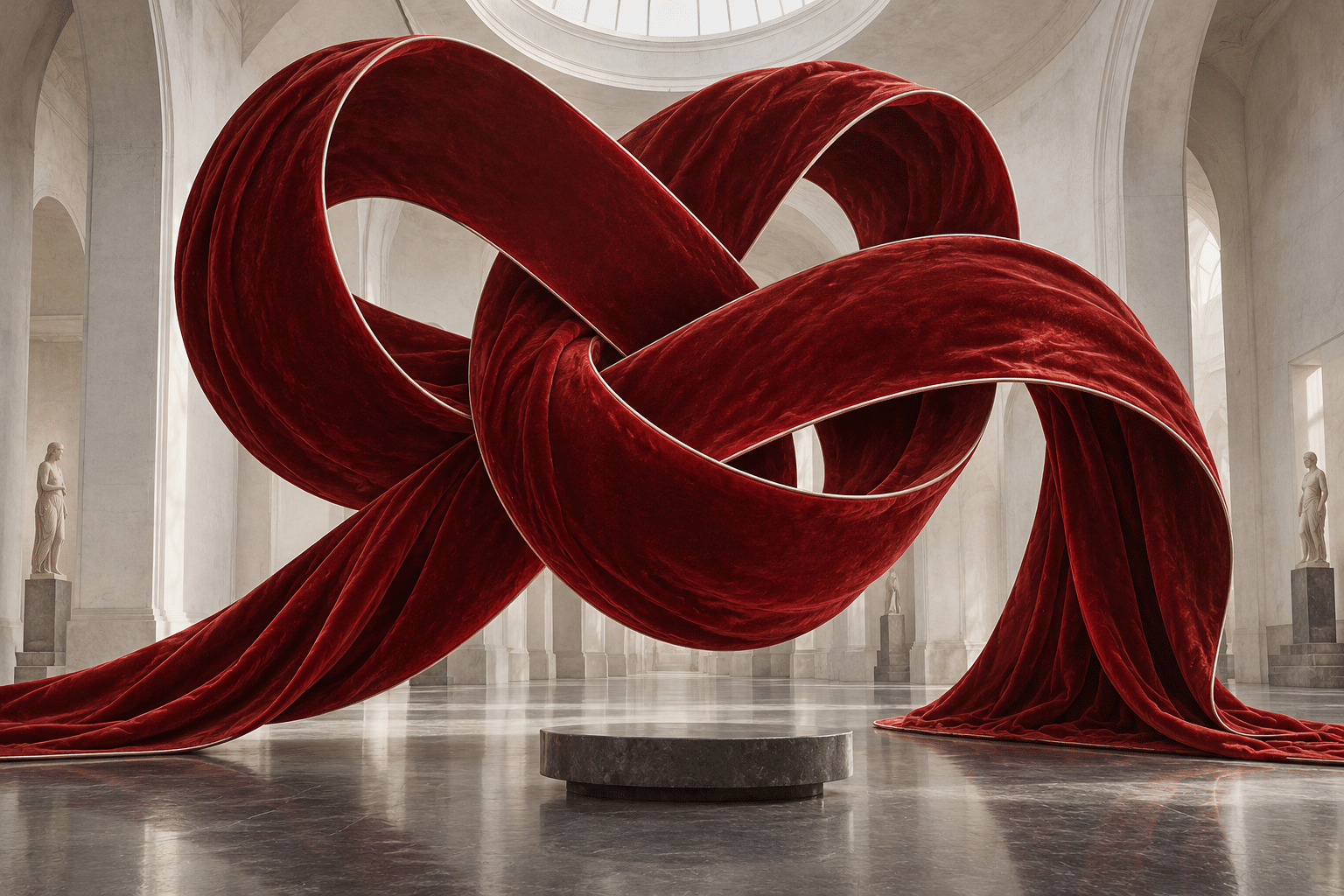 Manifold Velvet Knots: a monumental crimson fabric knot in a pale gallery.