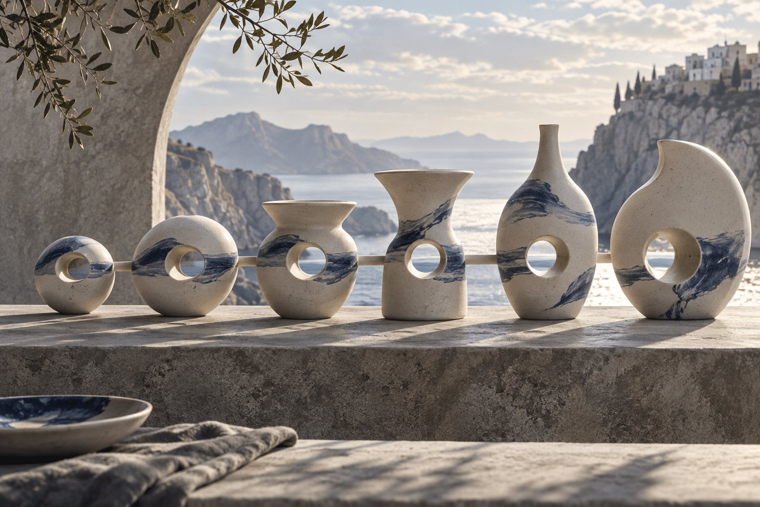 Persistent Hole Ceramics: a procession of white ceramic forms pierced by a shared tunnel.