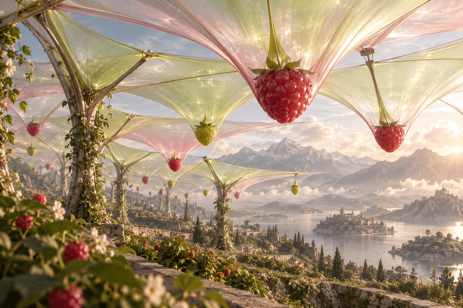 Mesh Tension Orchards: an orchard of translucent membrane canopies.
