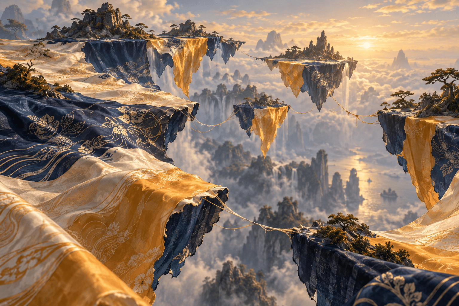 Graph Cut Silk Islands: a suspended archipelago of patterned silk.