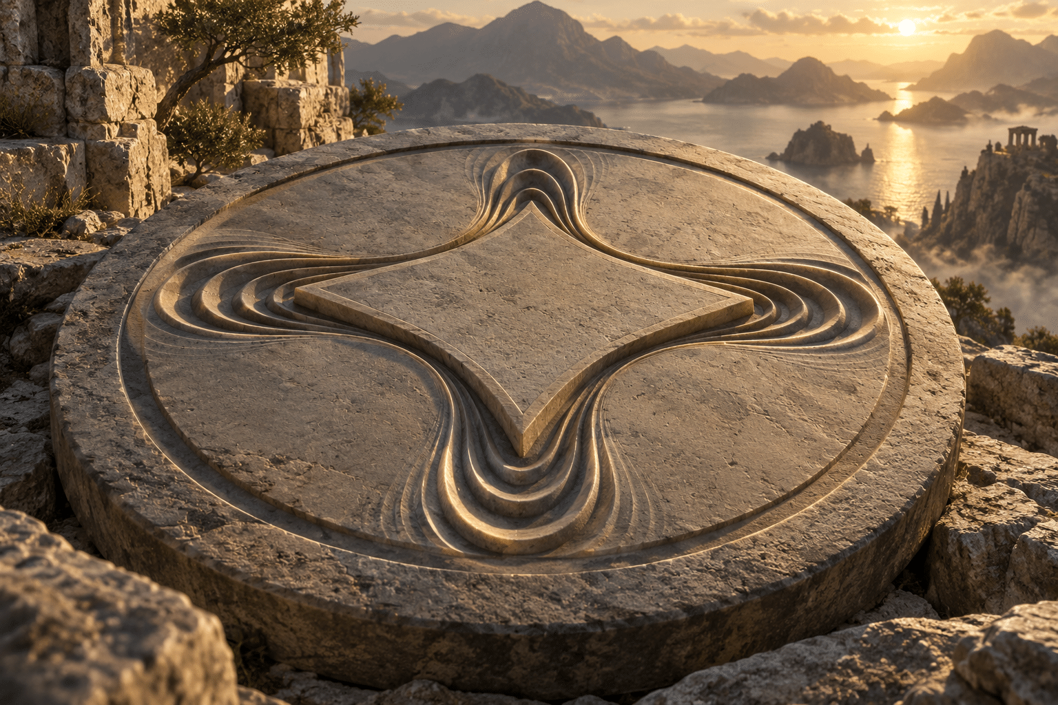 Laplacian Ripple Stone: a carved circular tablet under raking light.