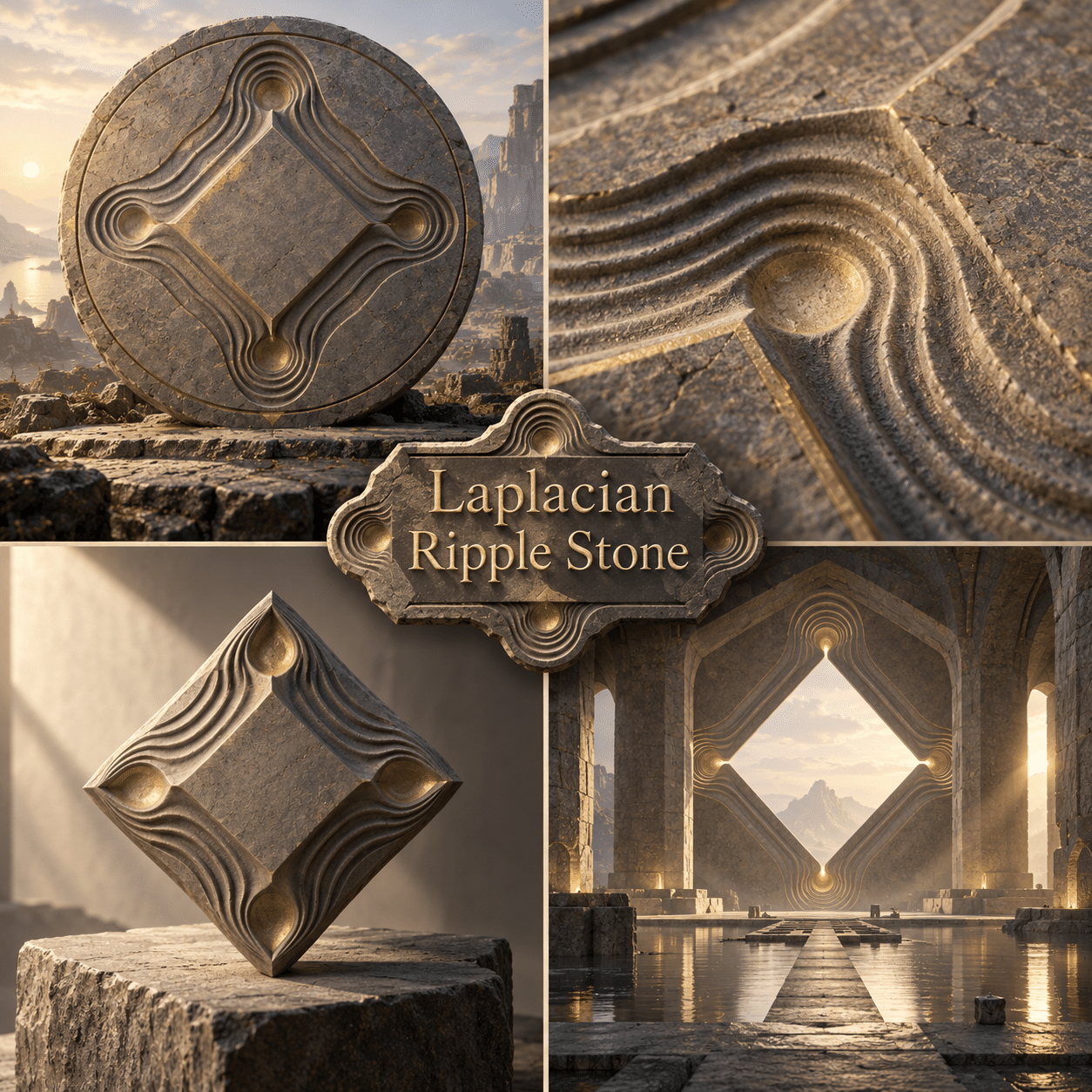 Four interpretations of Laplacian Ripple Stone, with the complete style name prominently in the center.