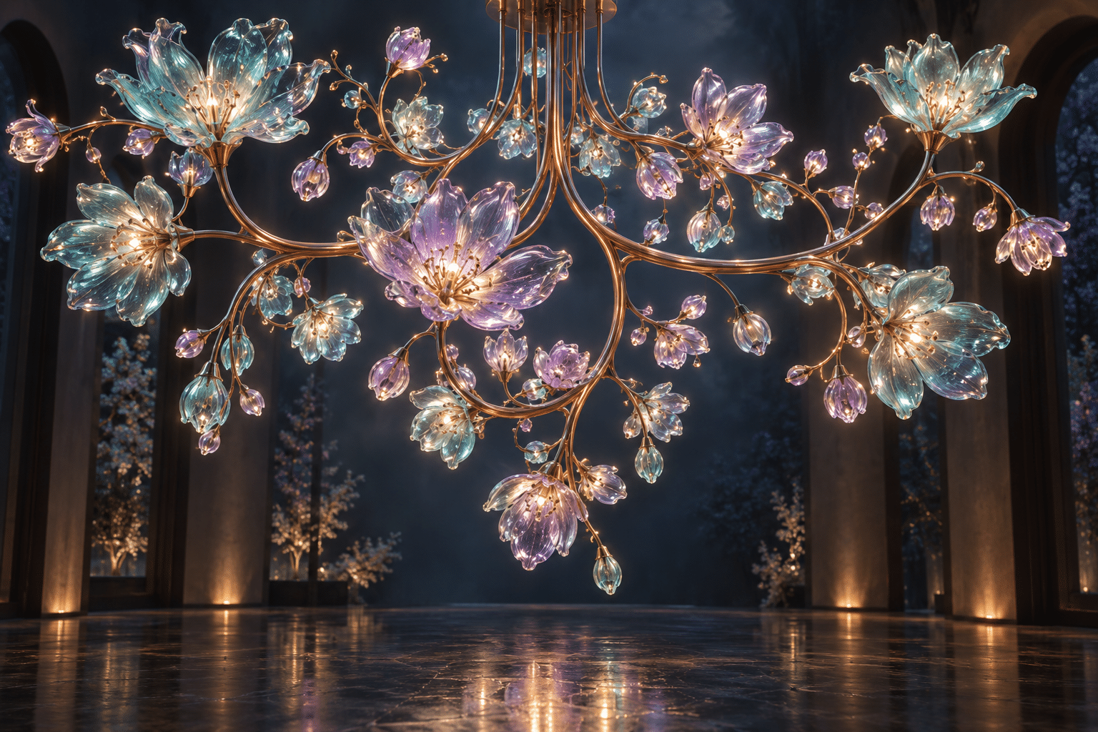 Connectivity Bloom Glass: a luminous botanical chandelier above a dark floor. Glass flowers share stems through visible junctions, creating a branching chandelier with no isolated blossom.