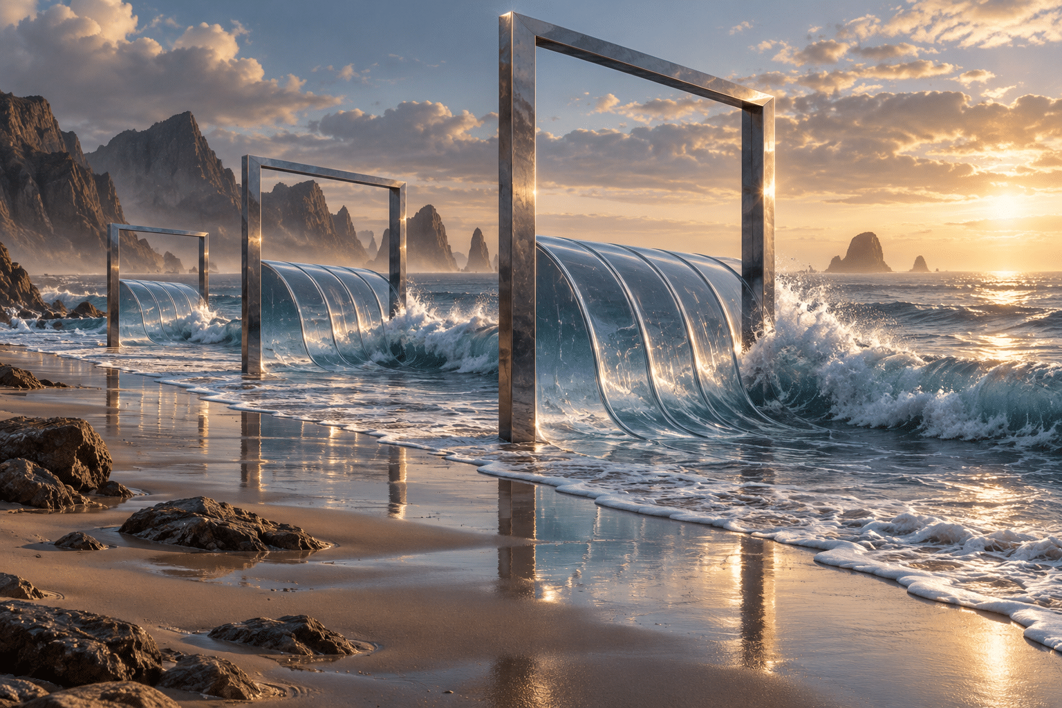 Boundary Condition Tides: a surreal shoreline crossed by empty metal frames. Waves become rigid geometric arcs when they meet suspended frames, then return to fluid forms beyond them.