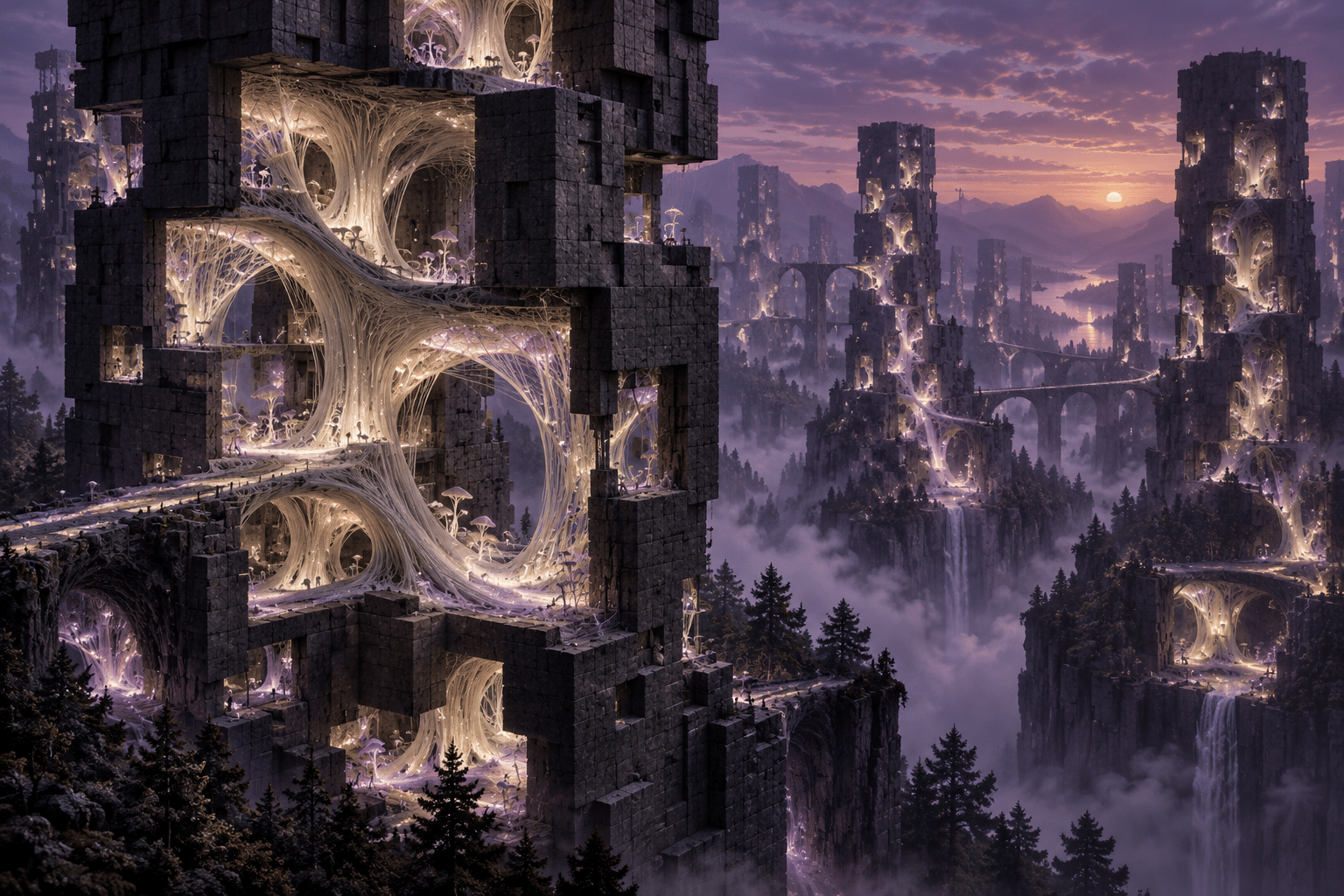 Voxel Mycelium Towers: a forest of cubic towers at twilight.