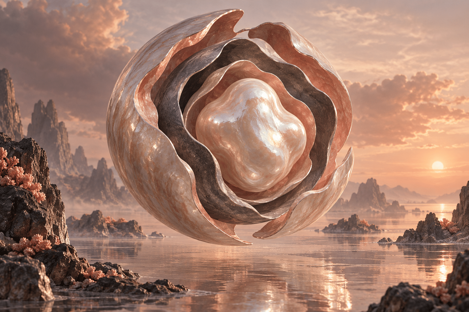 Signed Distance Pearls: a floating pearl sculpture cut open to reveal its shells. Nested opaque shells sit at visibly equal gaps around an irregular central pearl.
