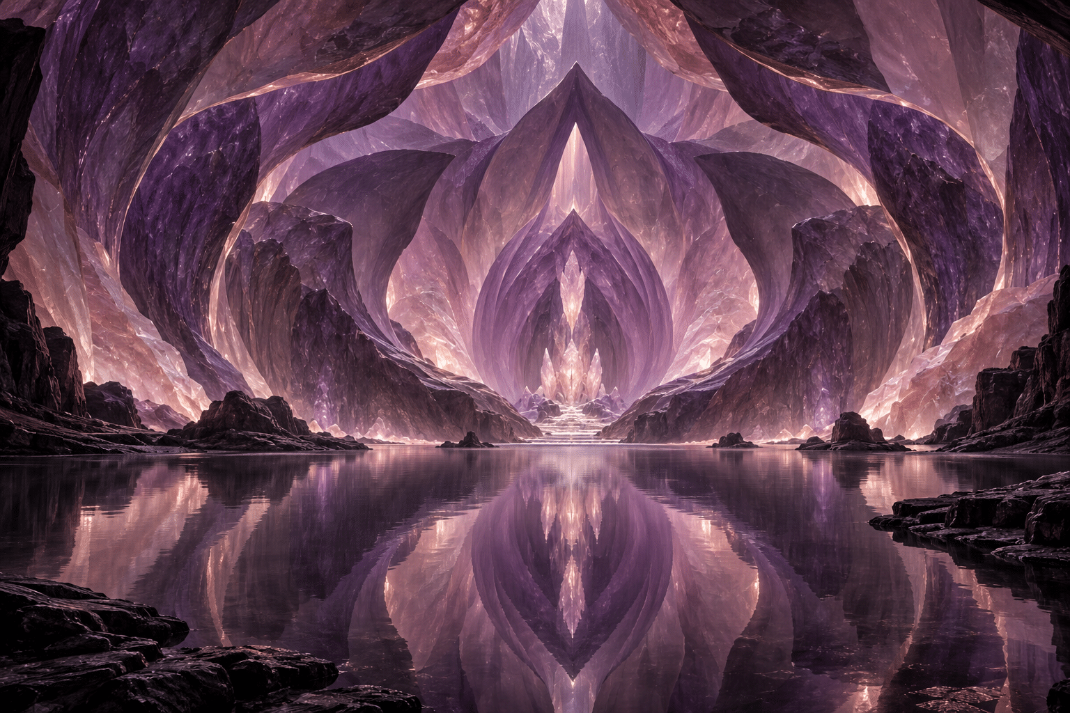 Isosurface Orchid Caves: an immense orchid-like cavern with a still reflecting floor.