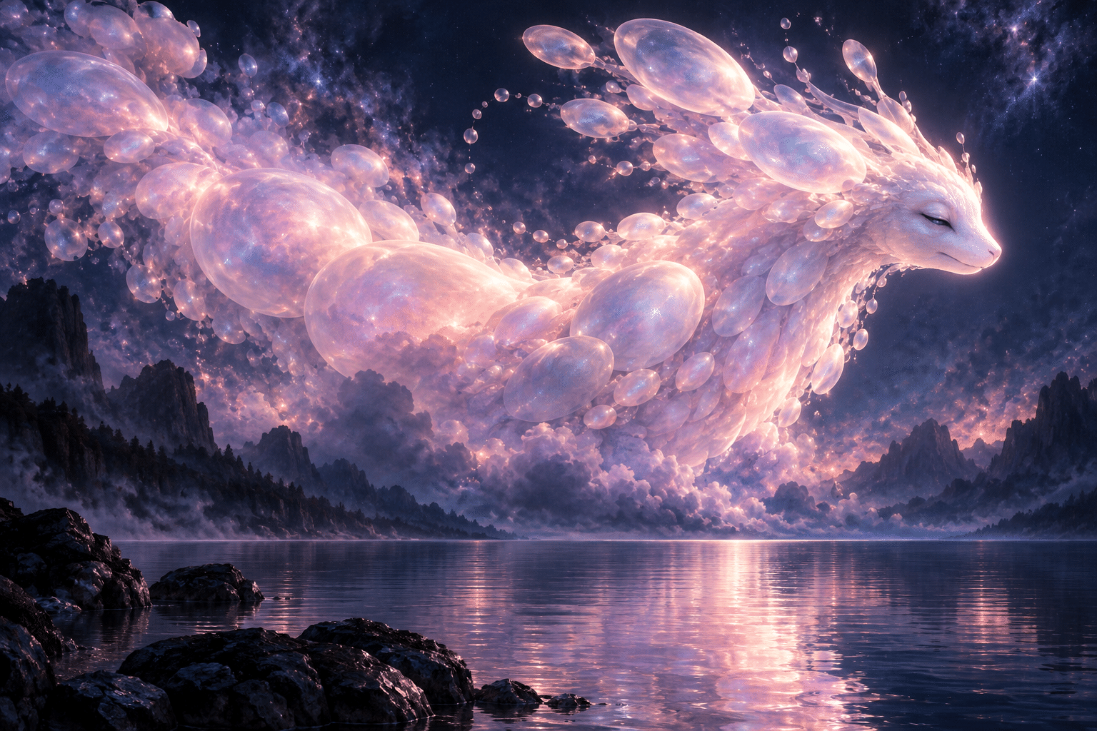 Splat Pearl Nebulae: a luminous cloud creature over a dark lake. Soft oval pearls overlap into volumetric clouds while their individual elliptical boundaries remain discernible.