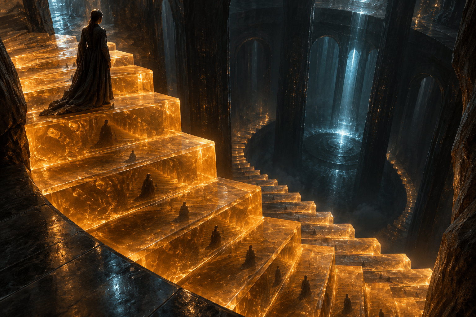 Ray Marching Amber Stairs: an amber staircase descending into a dark chamber.