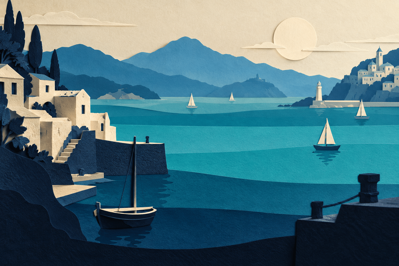 Depth Buffer Paper Seas: a layered paper harbor with tiny abstract boats.