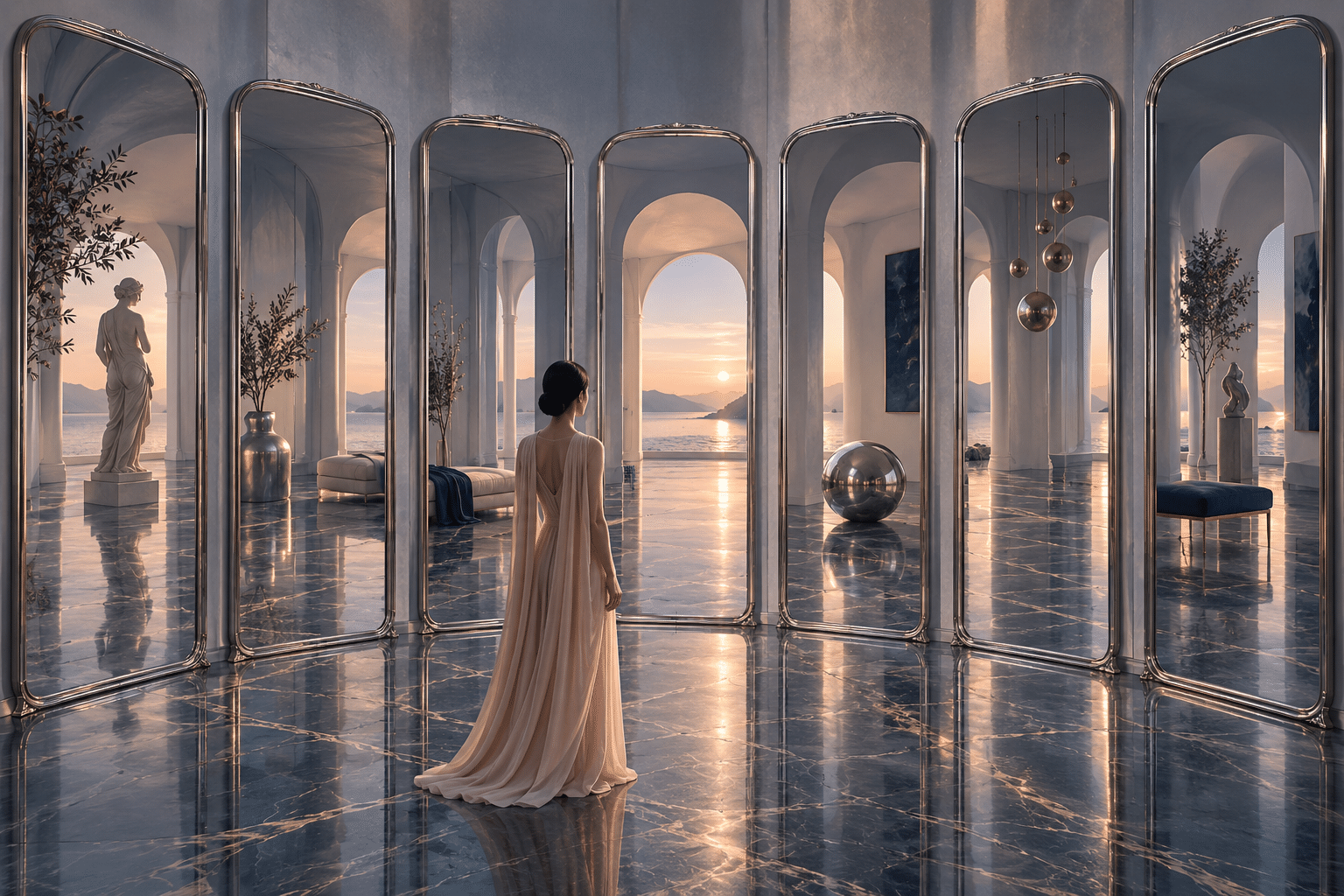View Synthesis Mirror Rooms: a calm gallery of tall silver mirrors.