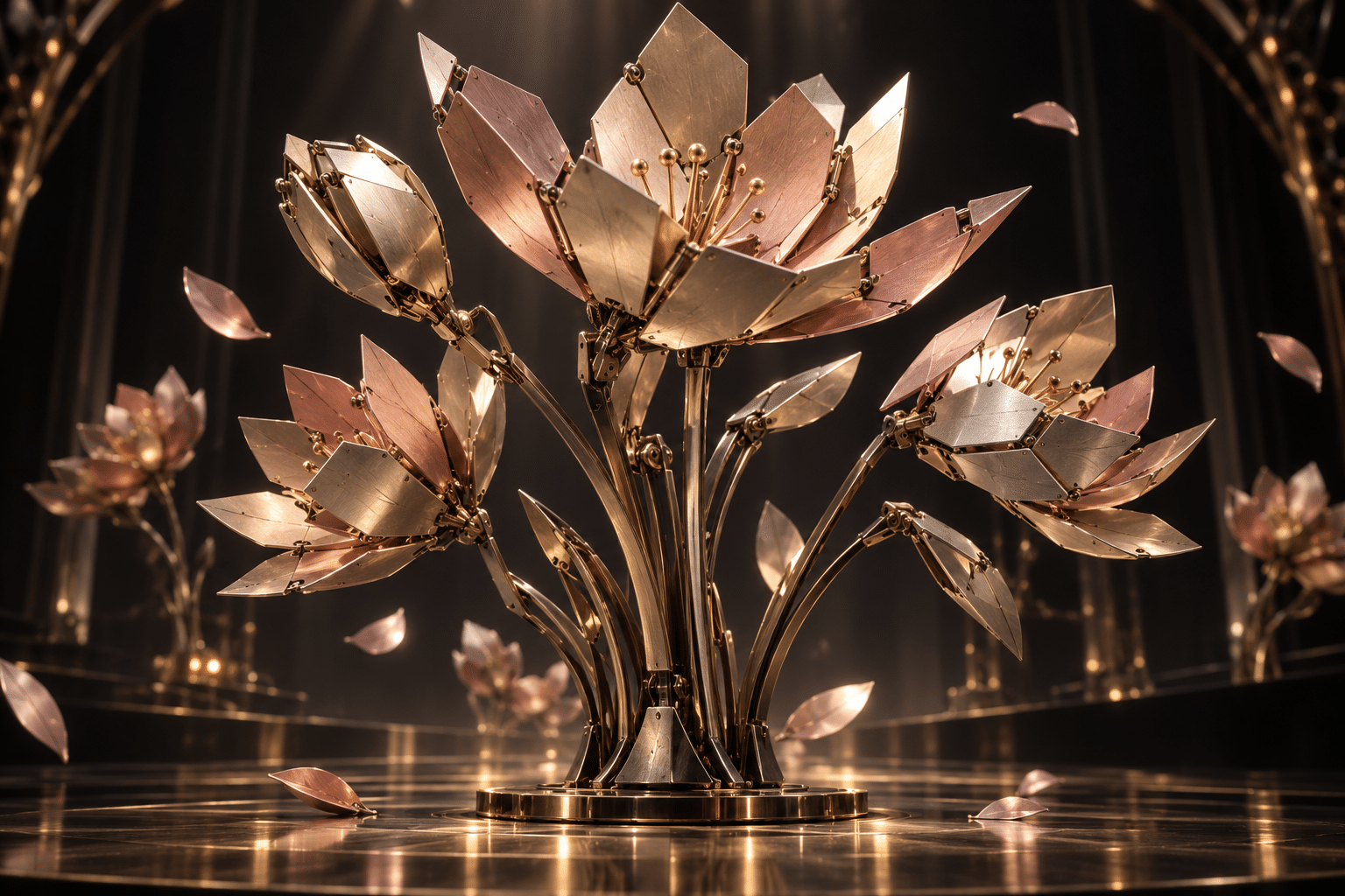 Servo Petal Ballet: a kinetic bouquet on a dark stage.
