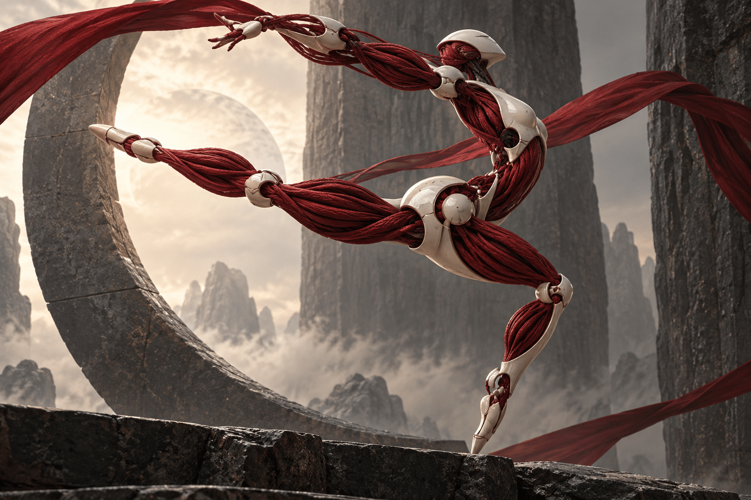 Actuator Silk Muscles: an abstract mechanical dancer suspended above stone. Thick woven cords swell and contract between elegant ceramic joints, shaping a sculptural limb-like form.