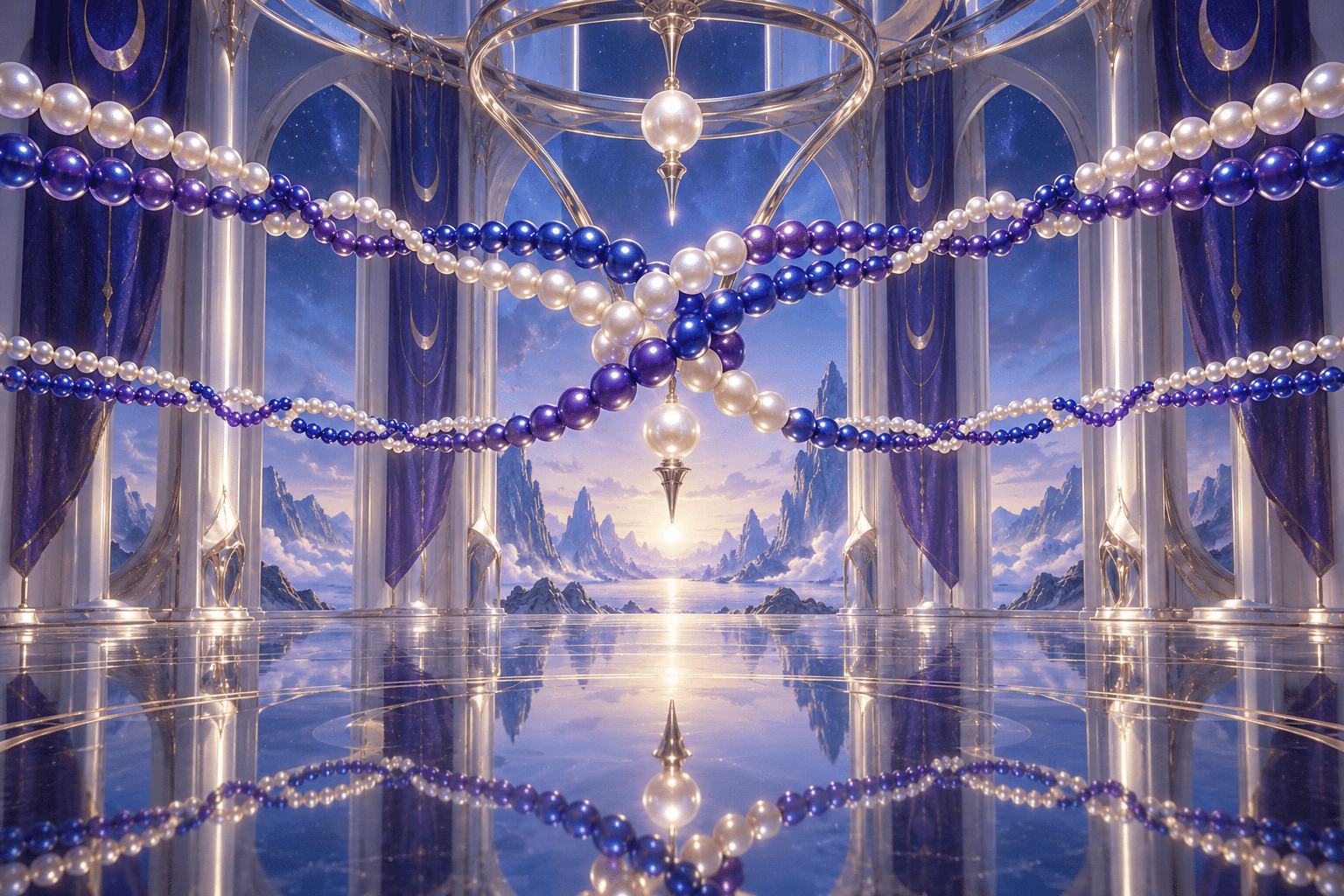 Quantum Loom Pearls: a suspended pearl loom above a mirrored floor. Paired pearl strands change from parallel to interlaced at precisely matched junctions across the image.