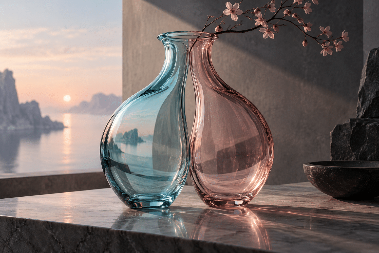 Superposition Glass Vessels: a quiet still life of double-bodied glass vases.