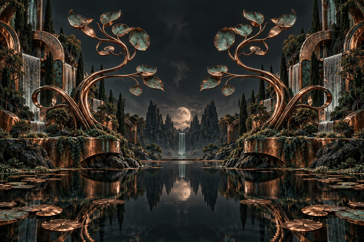 Entangled Copper Gardens: two sculptural gardens facing across a dark pool.
