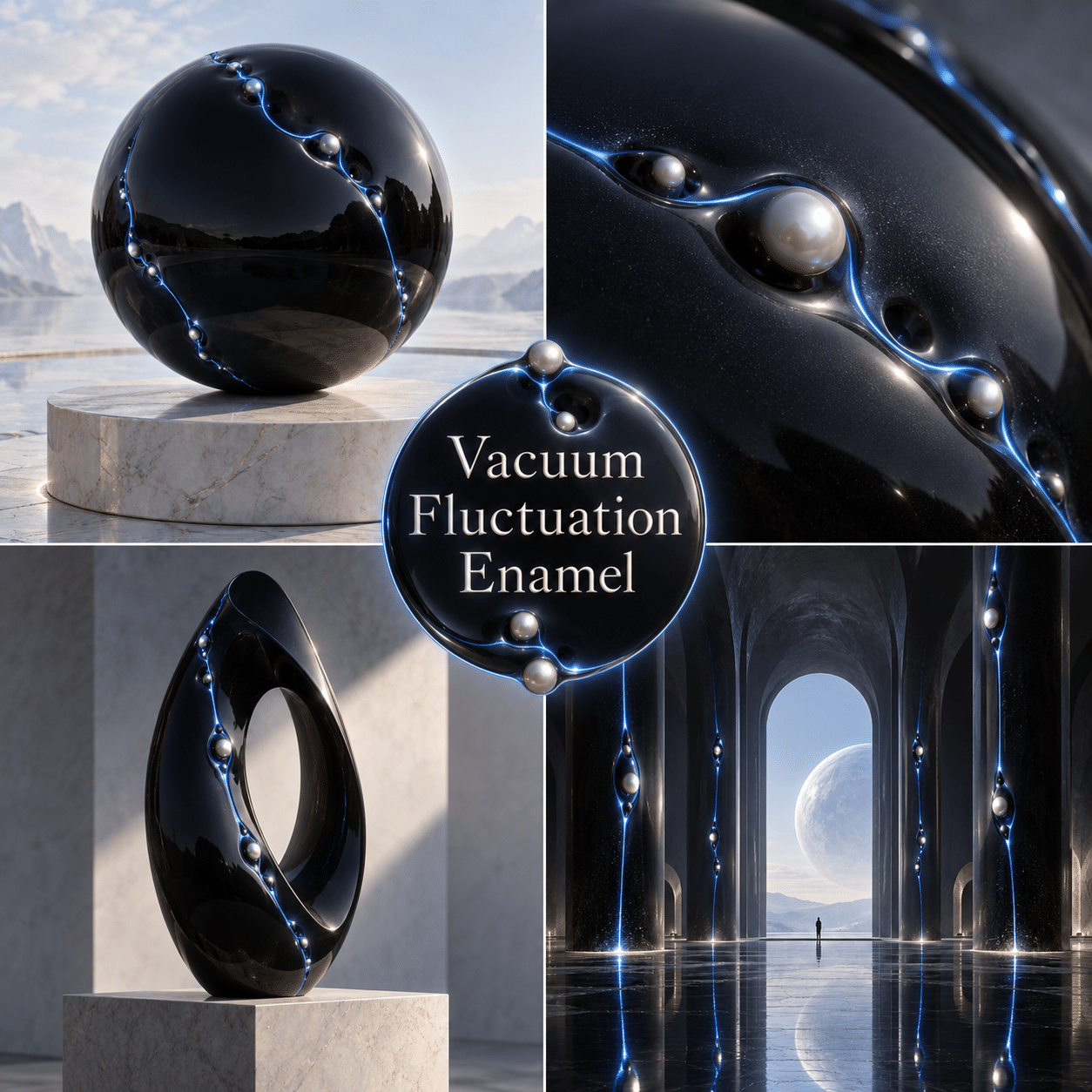 Four interpretations of Vacuum Fluctuation Enamel, with the complete style name prominently in the center.