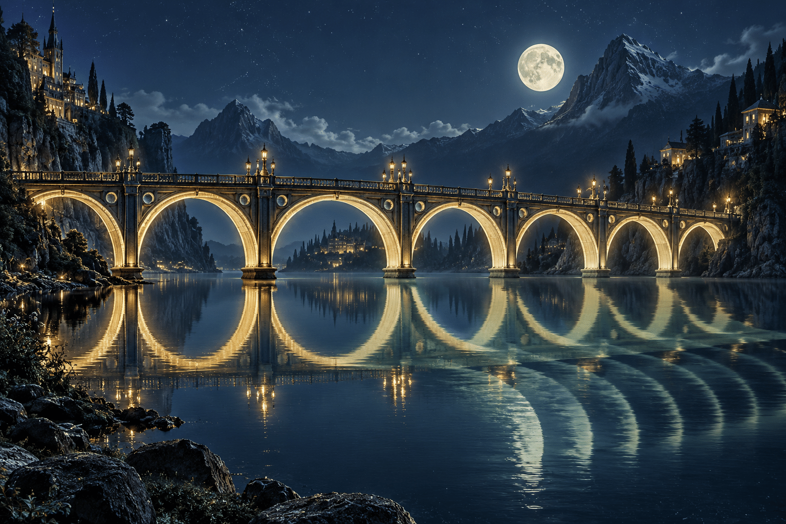 Latency Echo Bridges: a luminous bridge across a perfectly still midnight river. A bridge's reflection is built from delayed, horizontally shifted copies of its arches.