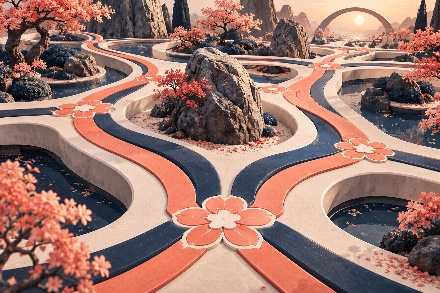 Routing Blossom Maps: an abstract garden of smooth raised routes. Broad colored paths split around obstacles and reunite as flower-shaped junctions.