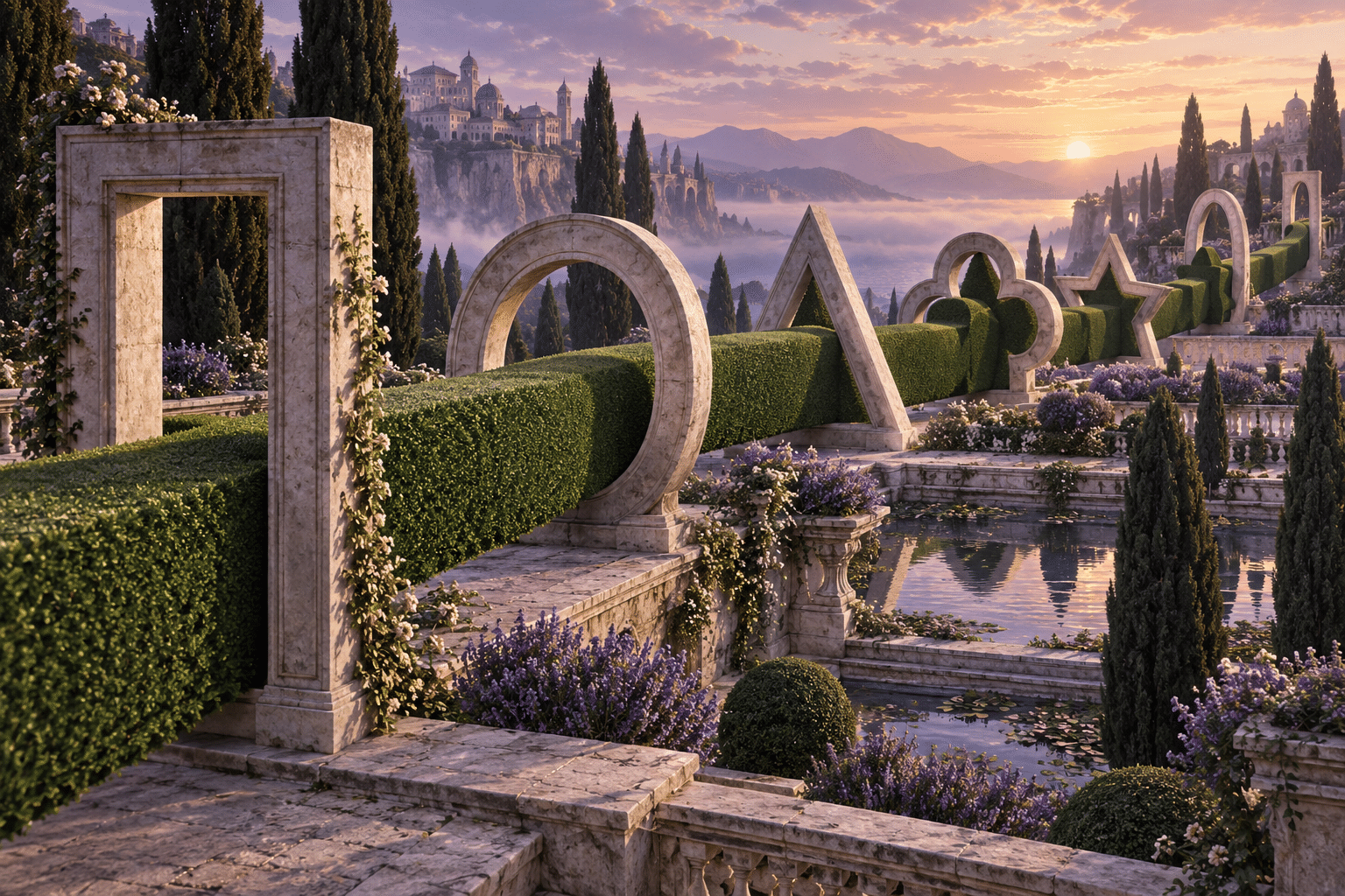 Protocol Gate Topiary: a surreal formal garden at dawn.