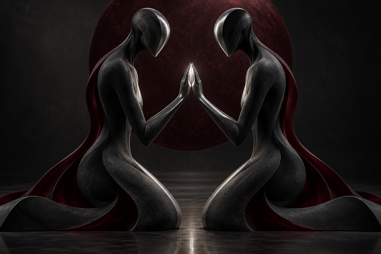Handshake Mirror Twins: a pair of elegant abstract figures in a dark studio.