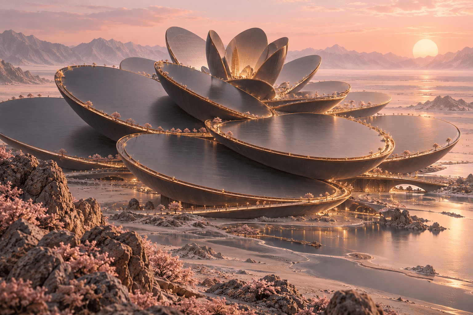 Silicon Petal Terraces: a monumental wafer blossom in a pale desert.