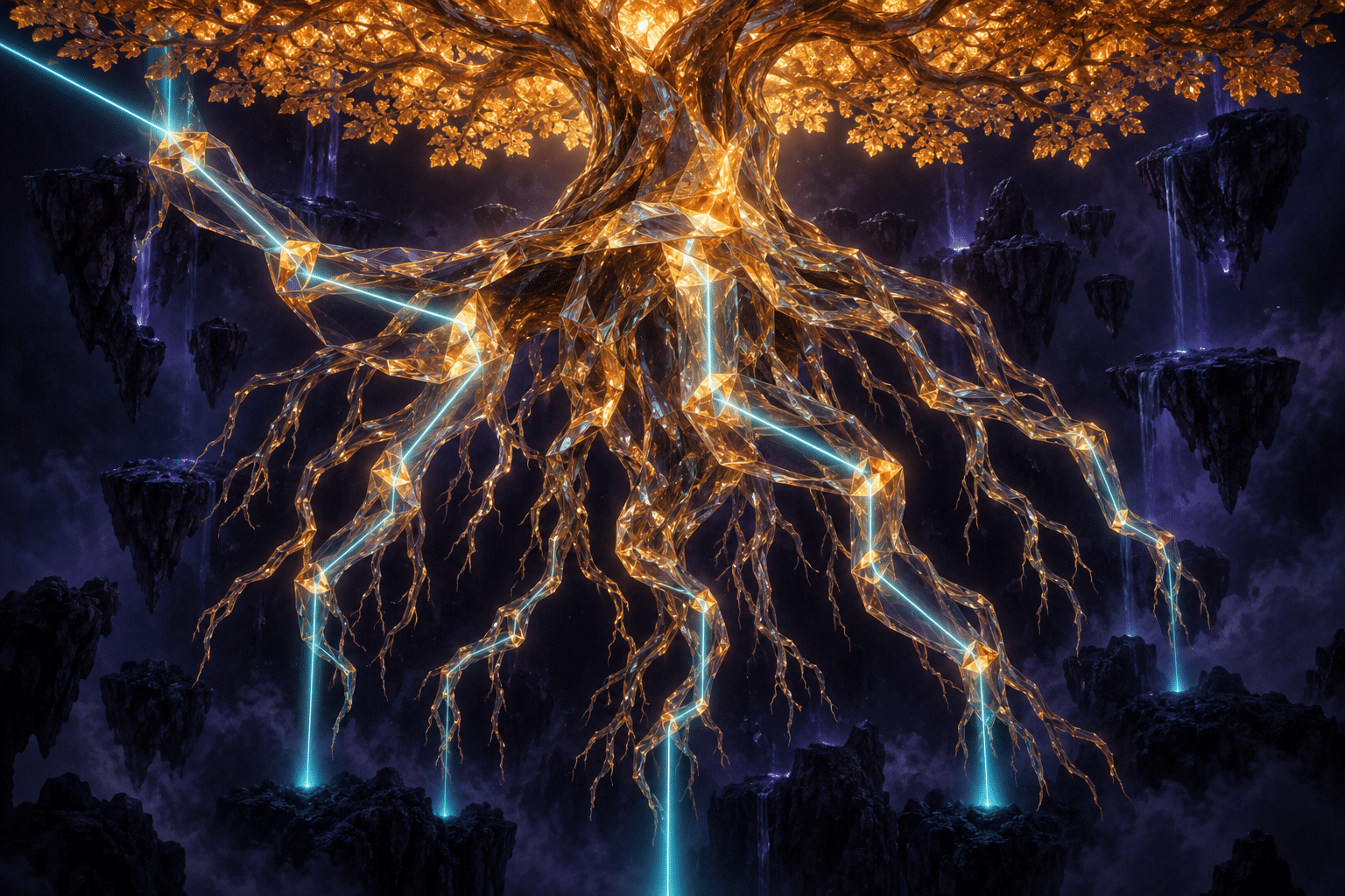 Photonic Amber Roots: an amber-rooted tree suspended in darkness.