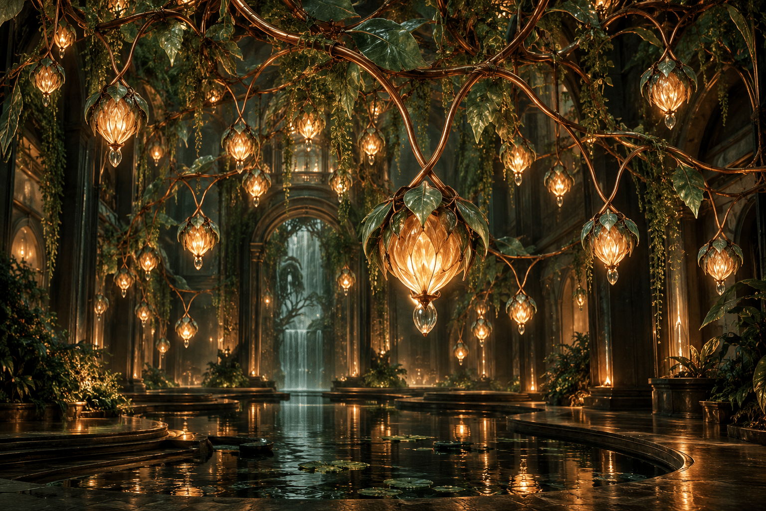 Dependency Vine Lamps: a luminous hanging garden in a dark hall.