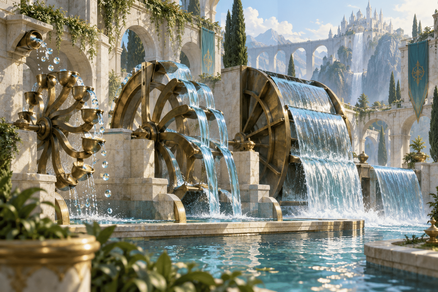 Build Pipeline Waterwheels: a fantastical waterworks in a pale stone courtyard. A stream passes through a sequence of differently shaped wheels, changing from droplets to ribbons to sheets.