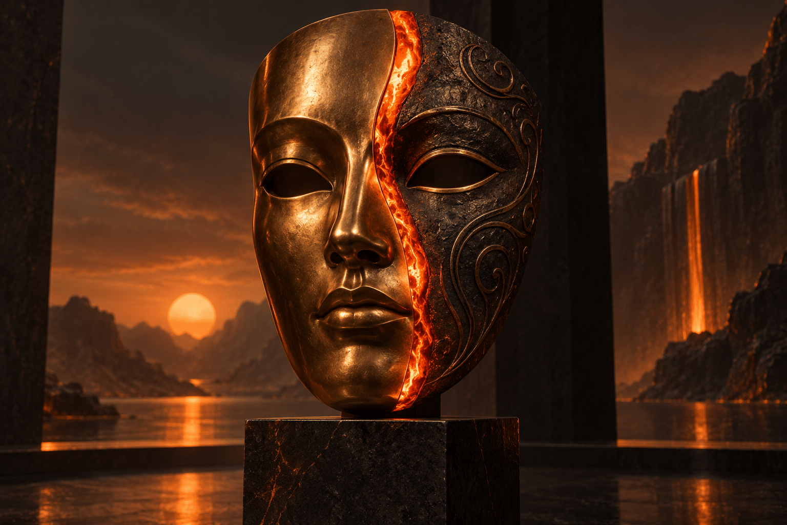 Hot Reload Ember Masks: a bronze mask on a dark pedestal.