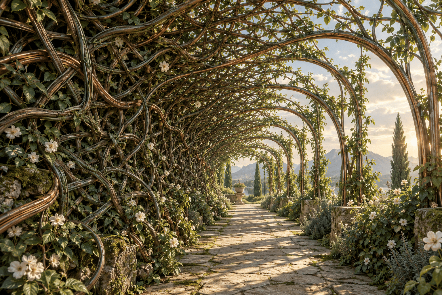 Refactor Lattice Gardens: a garden tunnel transitioning from dense weave to open structure. An old tangled lattice gradually reorganizes into spacious arches while preserving a few uninterrupted original strands.