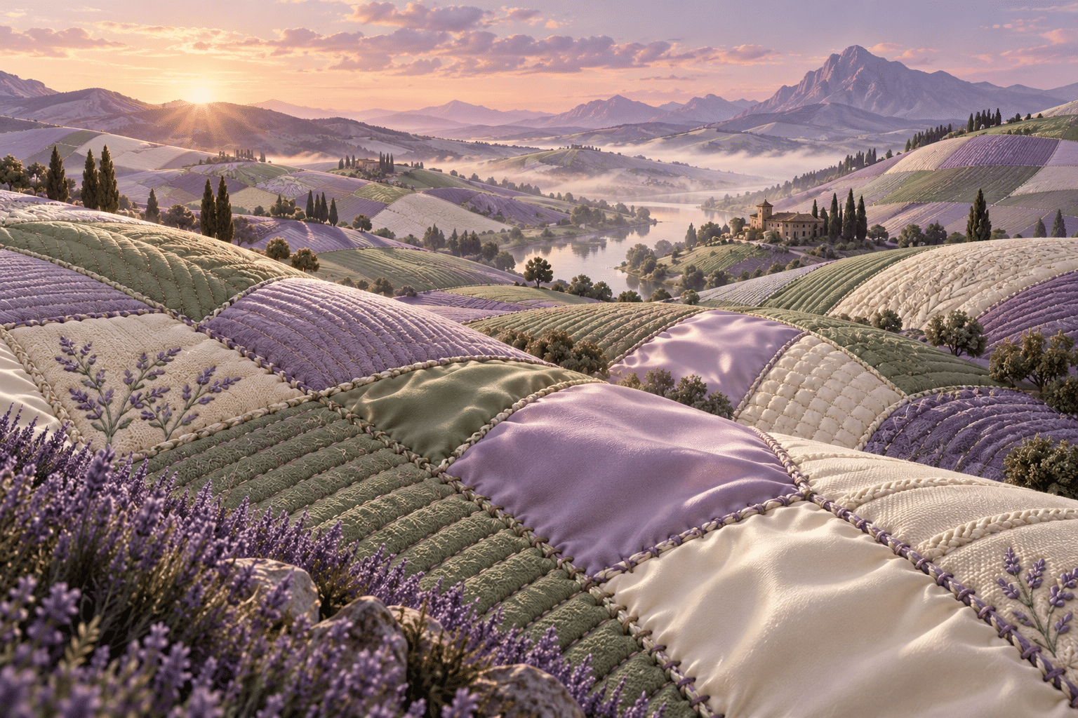 Test Coverage Quiltfields: a rolling textile valley under soft dawn light.