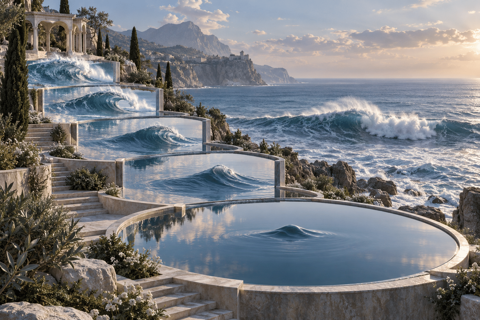 Rollback Tide Mirrors: a stepped coastal garden of still reflecting basins.