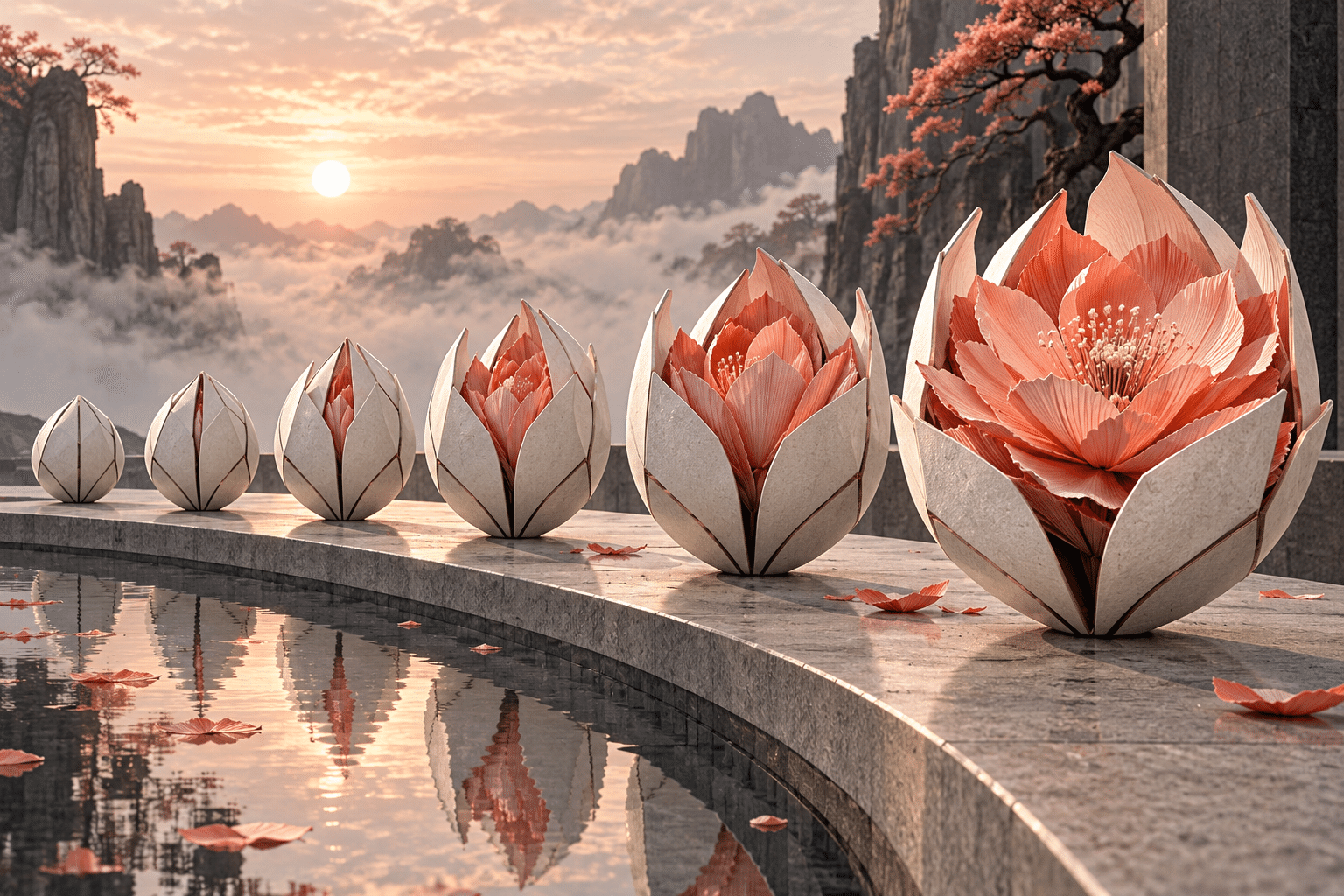 Release Bloom Capsules: a procession of sculptural seed capsules. Closed geometric capsules open in successive stages to reveal increasingly elaborate paper blossoms.