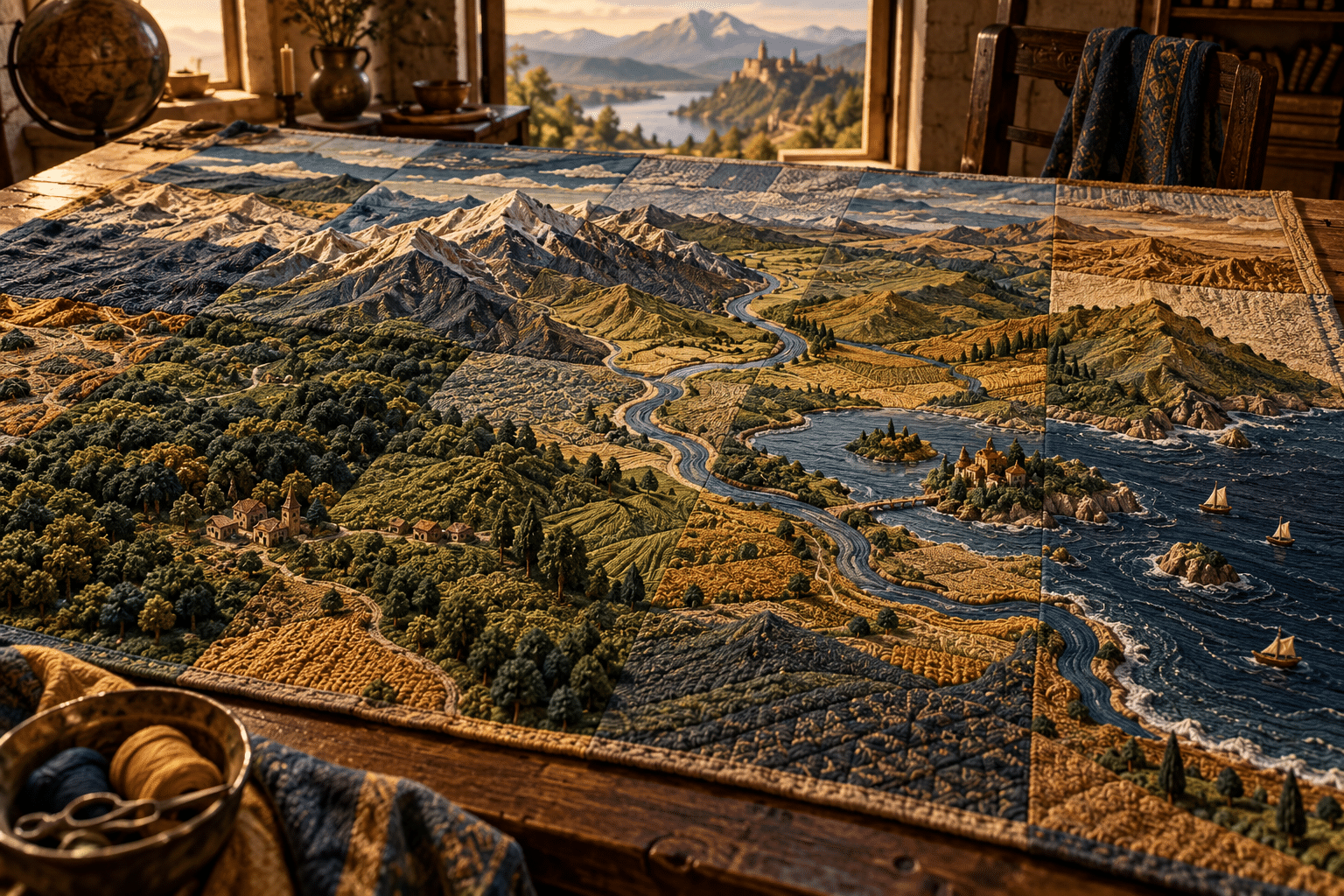 Dataset Quilt Atlases: a vast quilt atlas draped across a table.