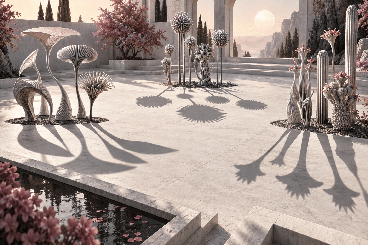 Label Free Shadow Gardens: a pale courtyard of strange botanical sculptures.
