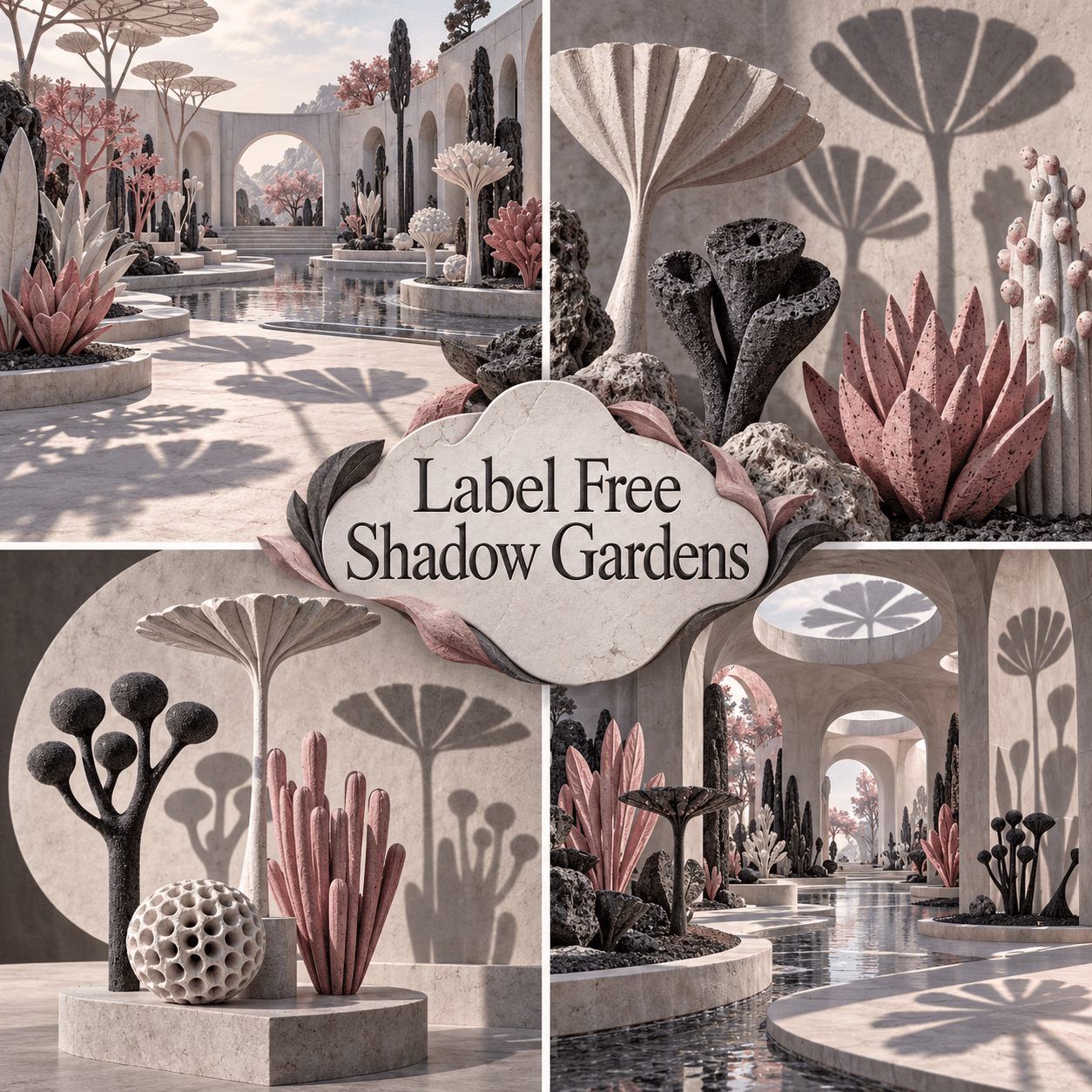 Four interpretations of Label Free Shadow Gardens, with the complete style name prominently in the center.