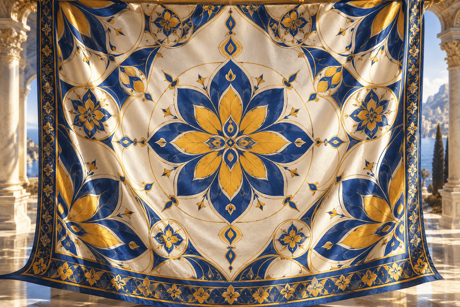 Augmentation Kaleido Cloth: a refined patterned silk hanging.