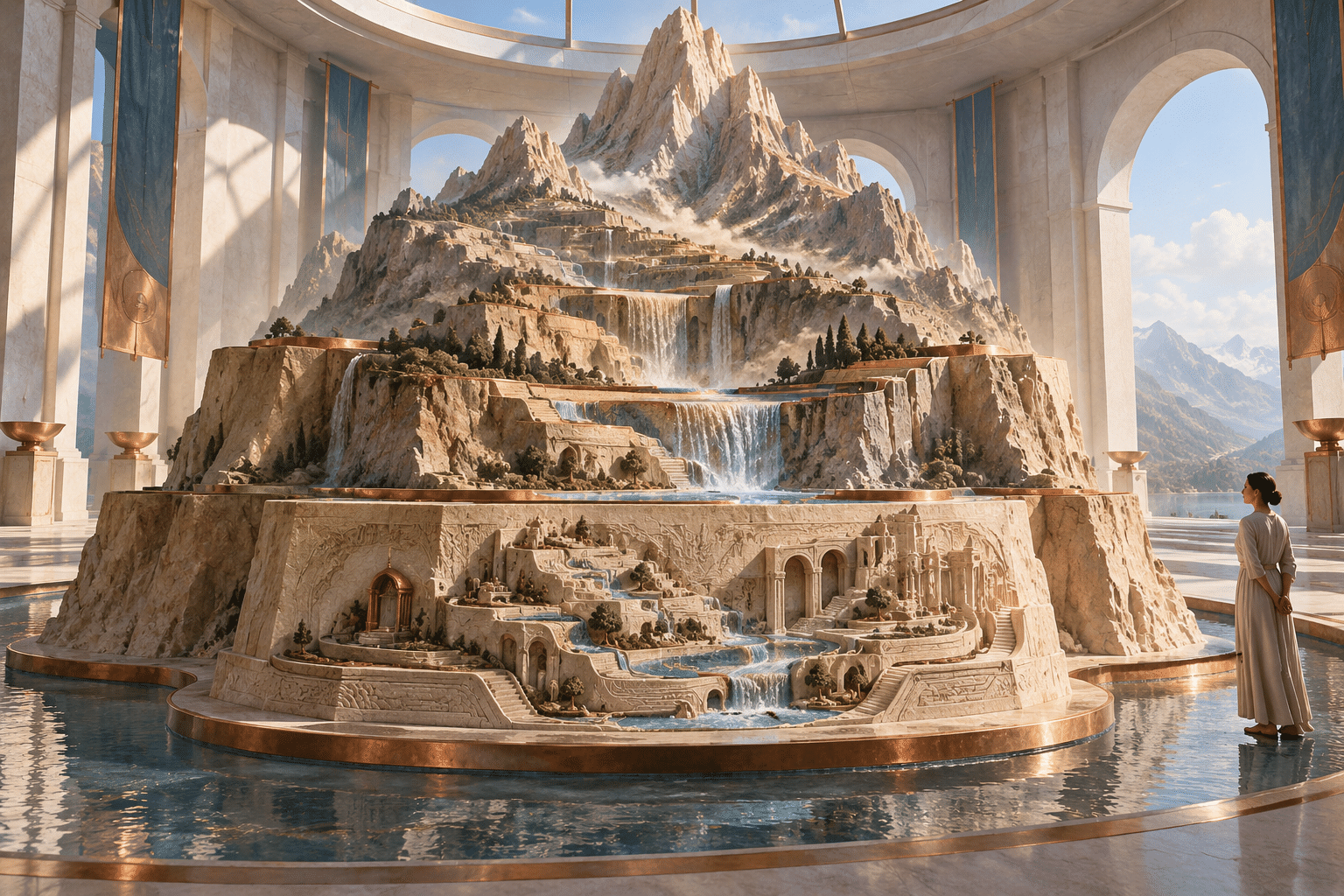 Feature Pyramid Terraces: a terraced mountain sculpture in a light-filled gallery.