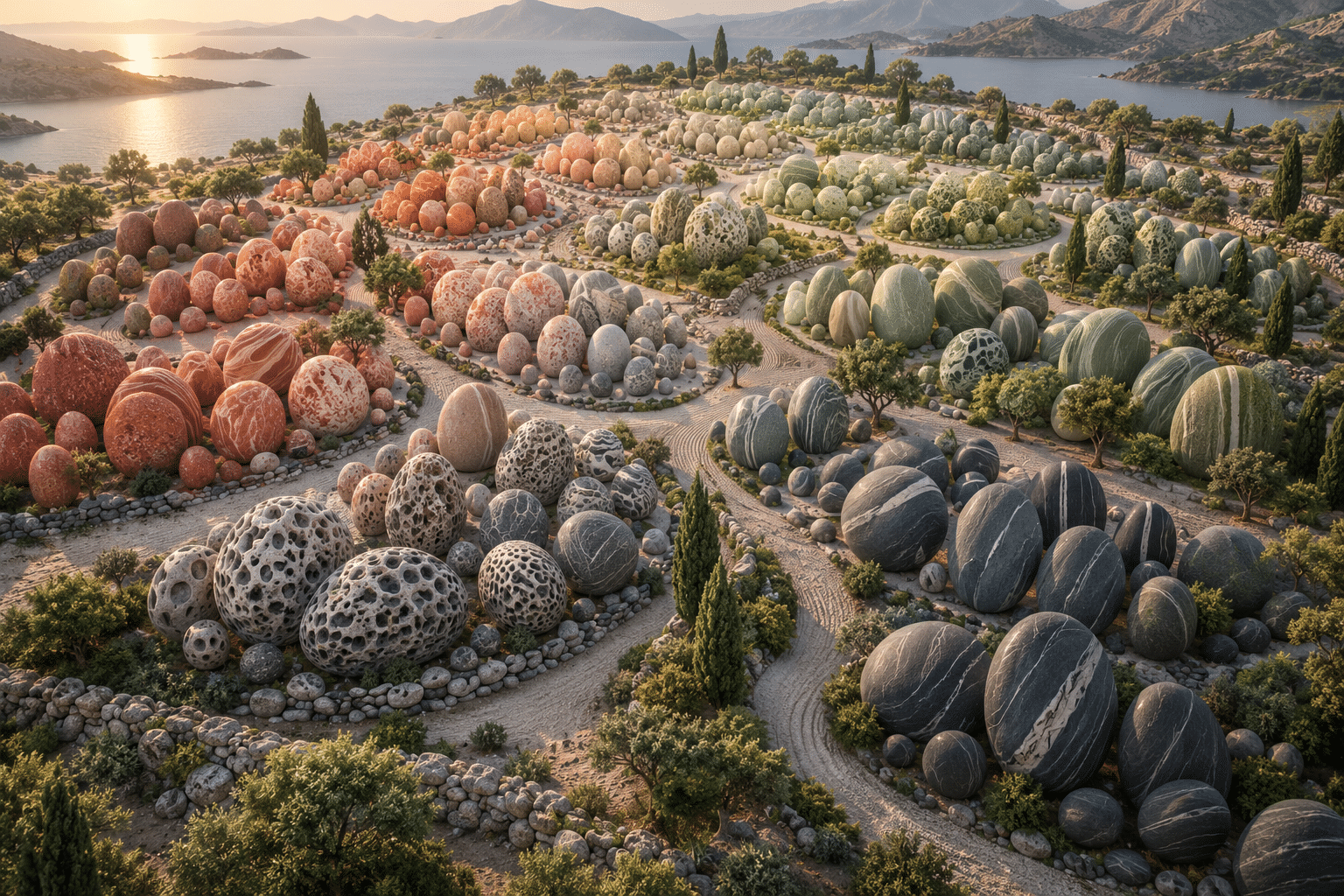 Embedding Orchard Stones: an aerial view of a carefully arranged stone orchard. Pebbles with similar surface patterns cluster together while their colors vary continuously across the field.
