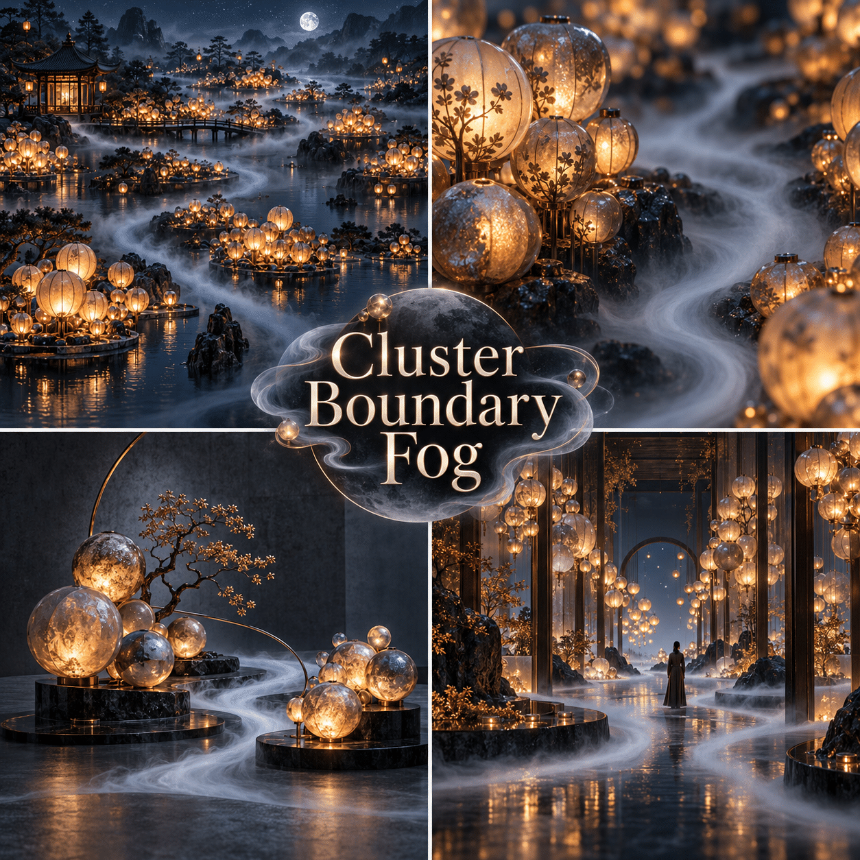 Four interpretations of Cluster Boundary Fog, with the complete style name prominently in the center.