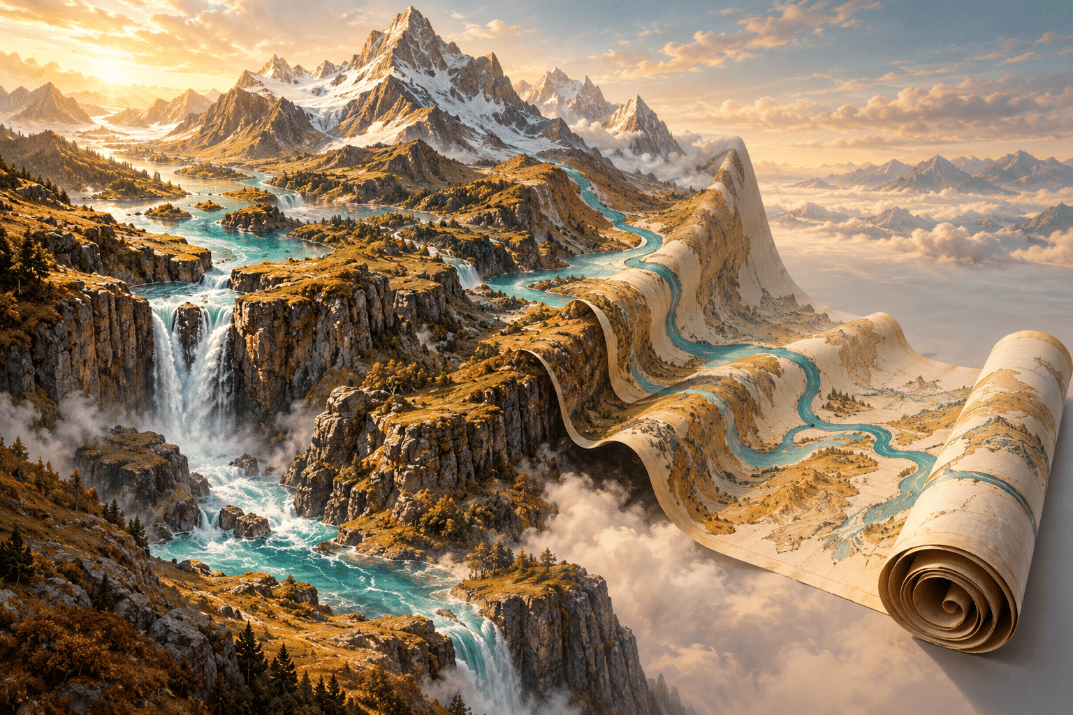 Dimensionality Fold Maps: a mountain landscape collapsing gracefully into a scroll.
