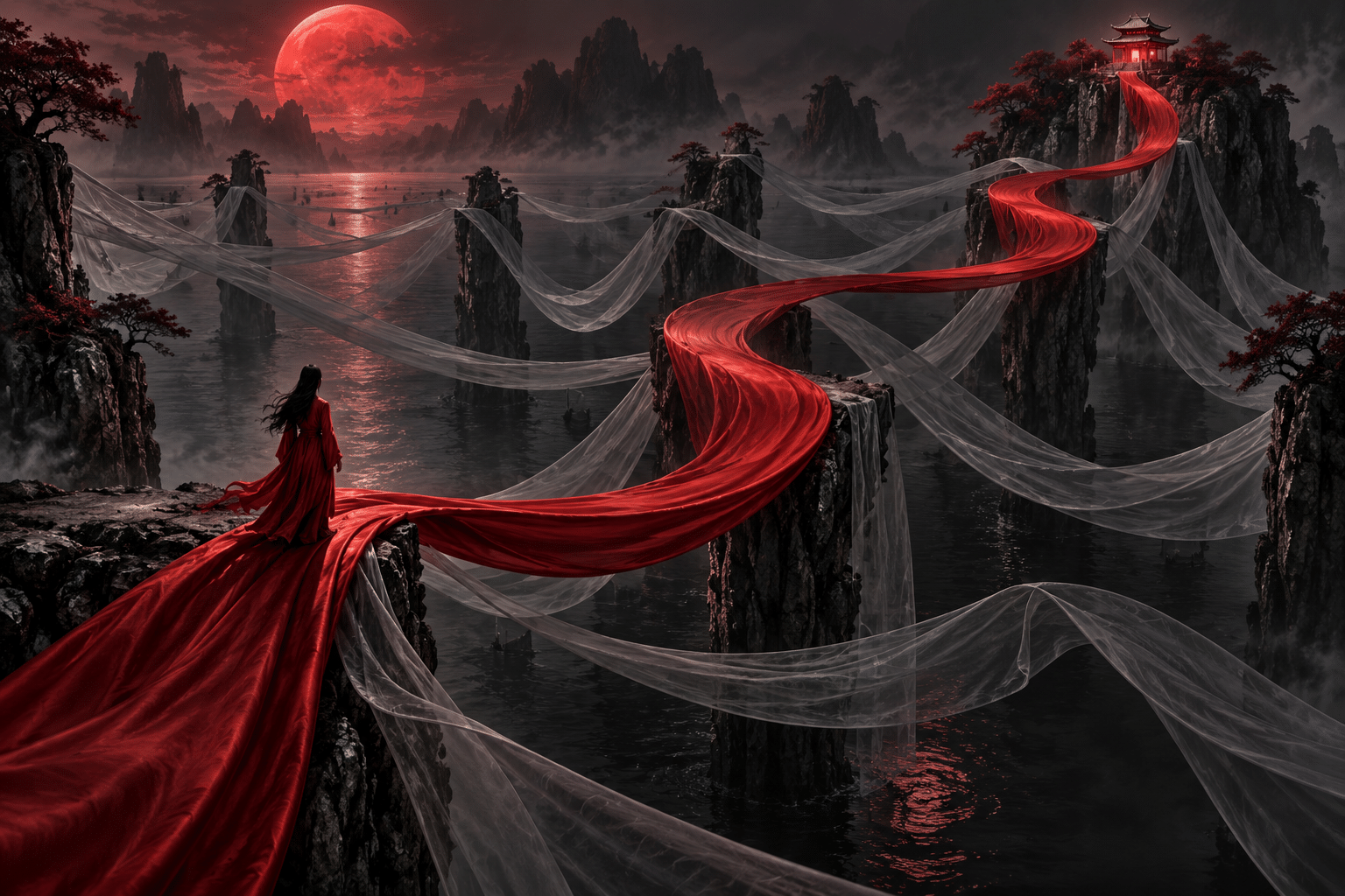 Policy Path Silk: a suspended silk maze above dark water.