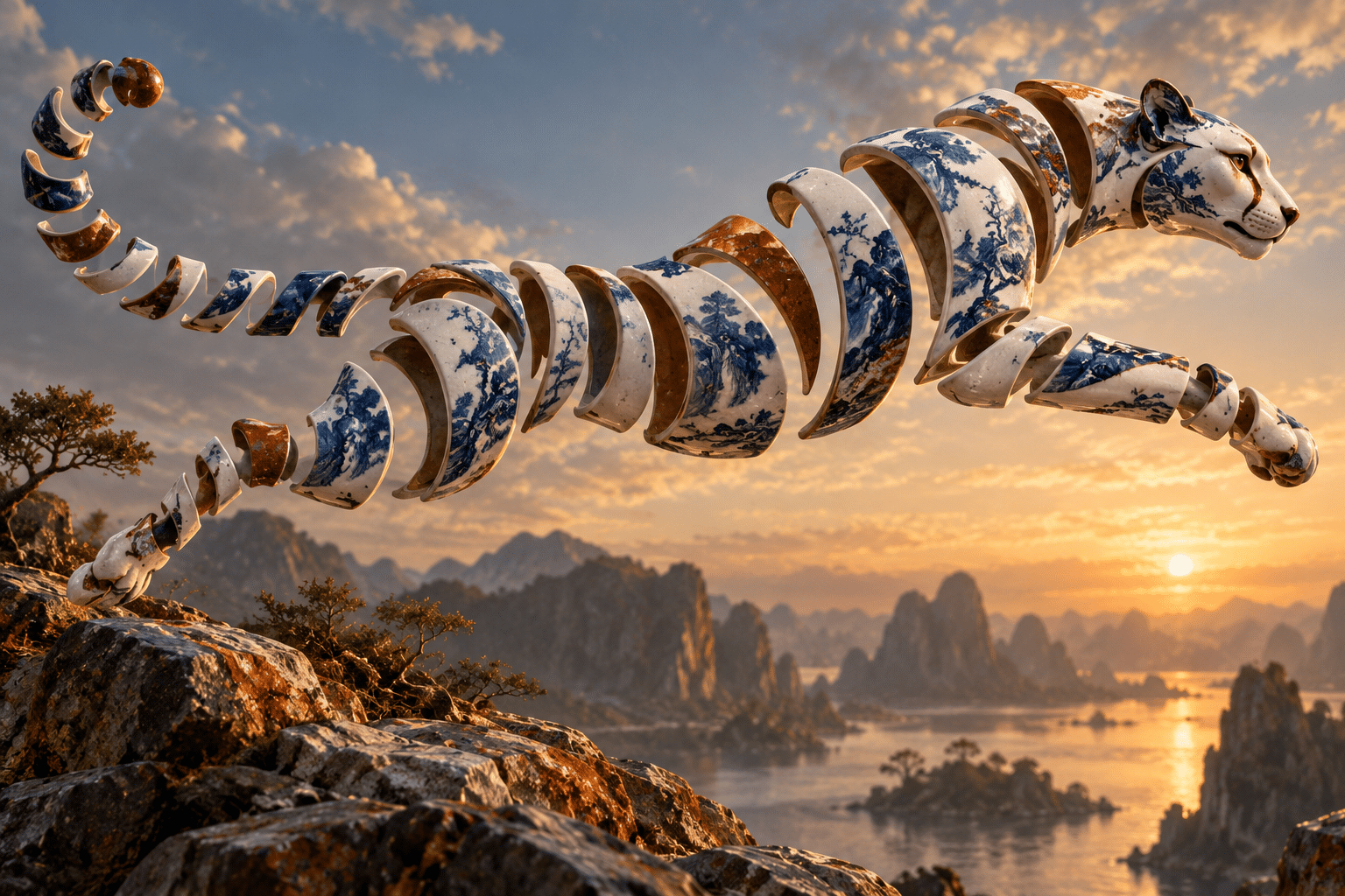 Trajectory Porcelain Arcs: a leaping abstract animal reconstructed from ceramic arcs.