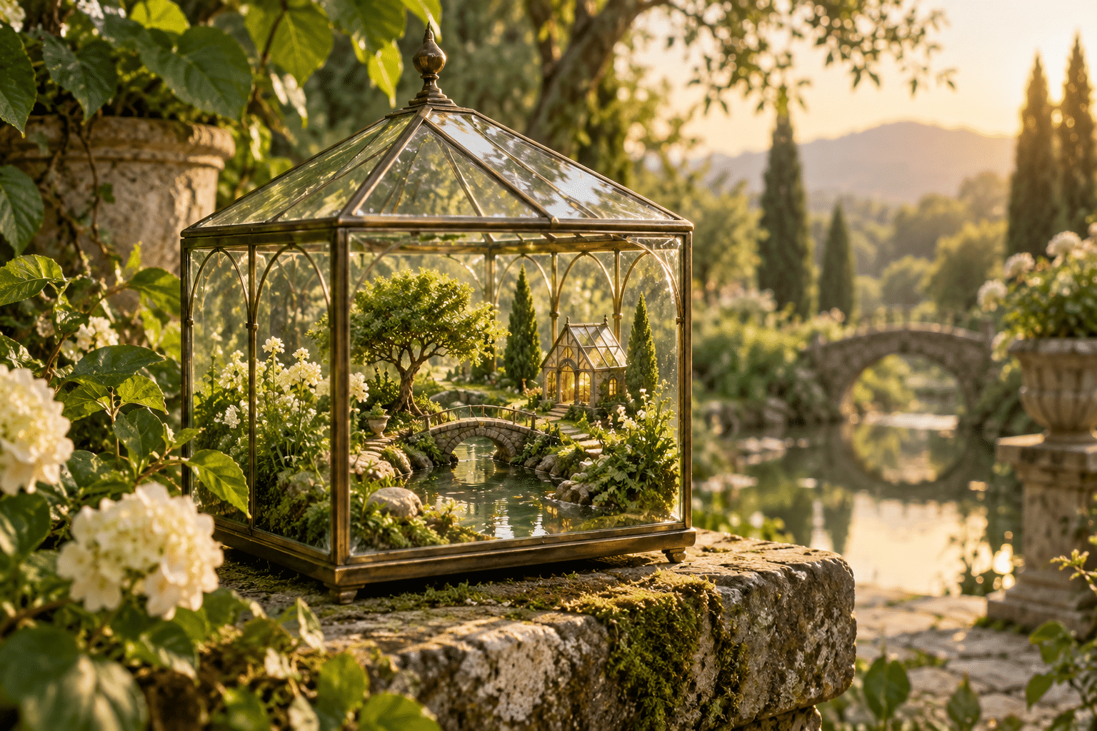World Model Dioramas: a glass house holding a tiny landscape inside a real garden.