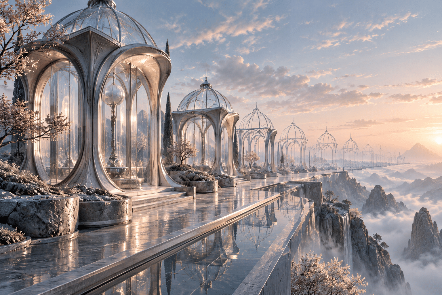 Planning Horizon Glass: a long avenue of sculptural pavilions.