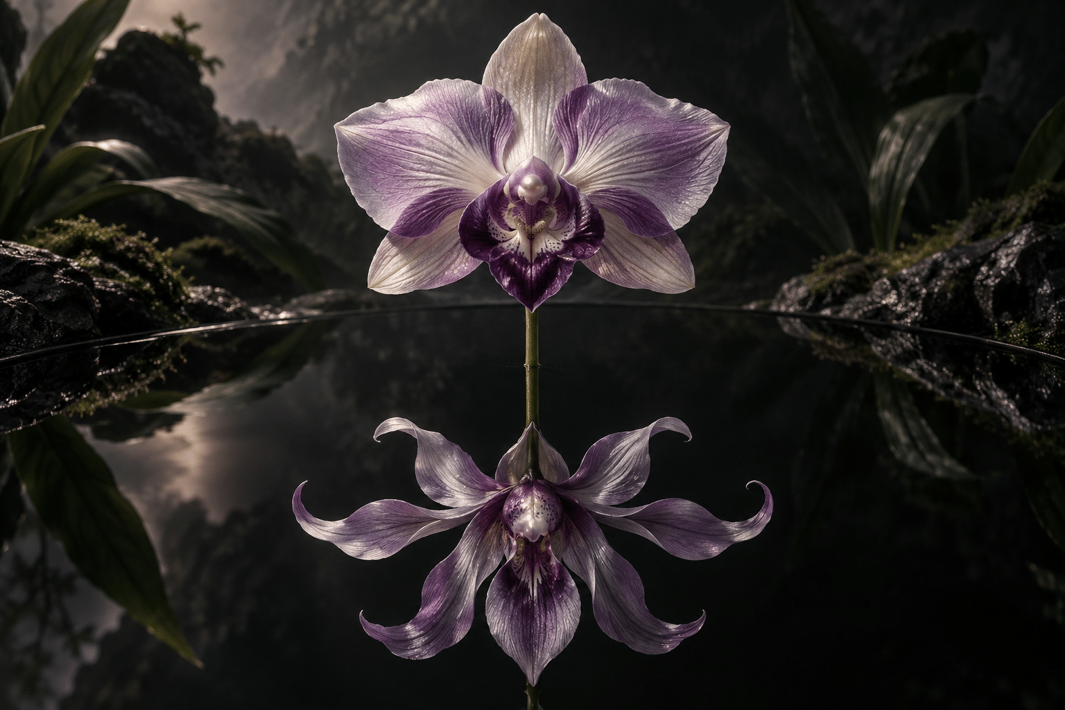 Counterfactual Mirror Orchids: a single orchid above a black mirror.