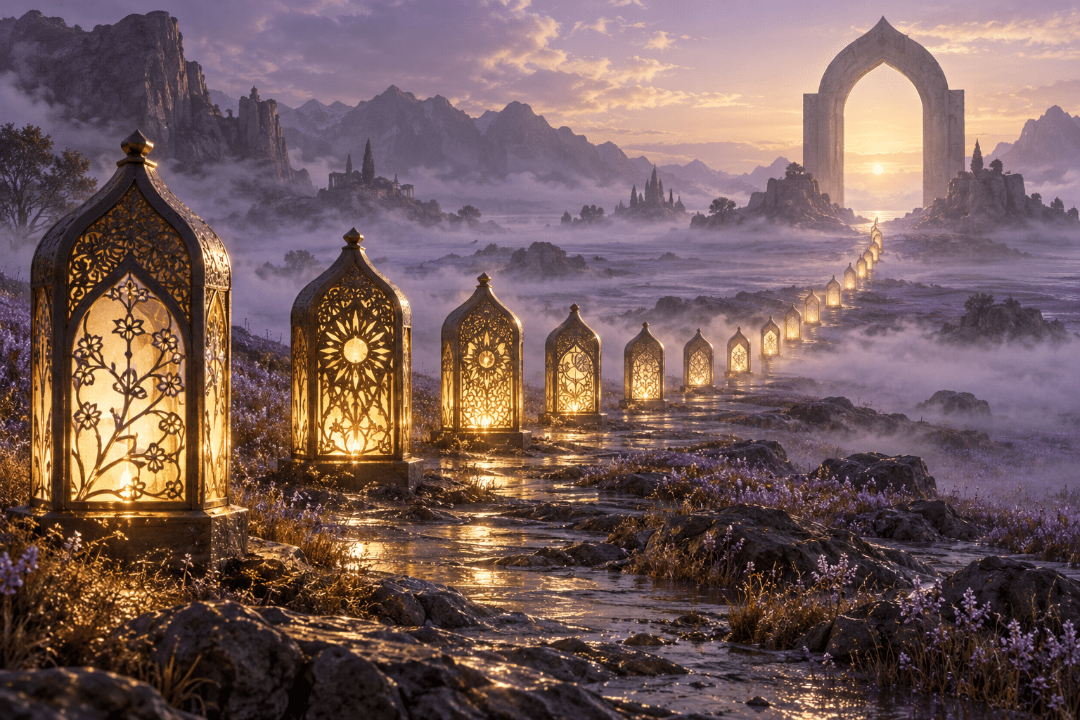 Goal Condition Lanterns: a luminous path across a misty plain.
